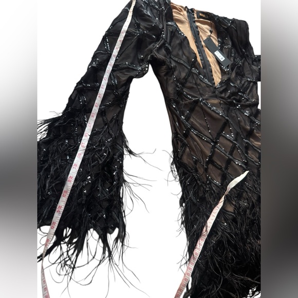**Brand New ** Amber Deep V Embellished Feather Trim Mini Dress - Black - Picture 11 of 14